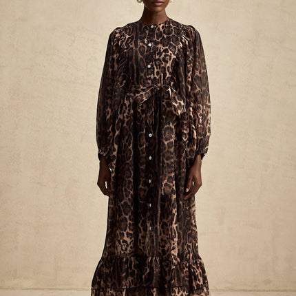 Michaela Brown Leopard Print Midi Dress with Long Puff Sleeves and Ruffled Detailing