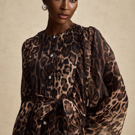 Michaela Brown Leopard Print Midi Dress with Long Puff Sleeves and Ruffled Detailing