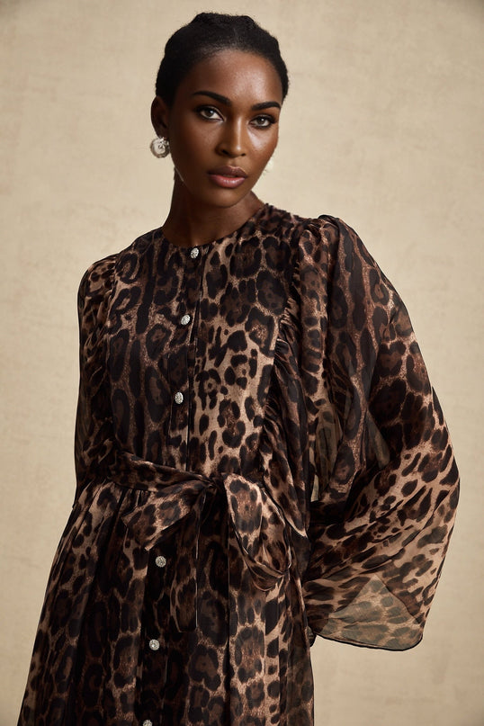 Michaela Brown Leopard Print Midi Dress with Long Puff Sleeves and Ruffled Detailing