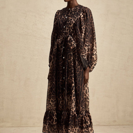 Michaela Brown Leopard Print Midi Dress with Long Puff Sleeves and Ruffled Detailing