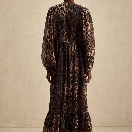 Michaela Brown Leopard Print Midi Dress with Long Puff Sleeves and Ruffled Detailing