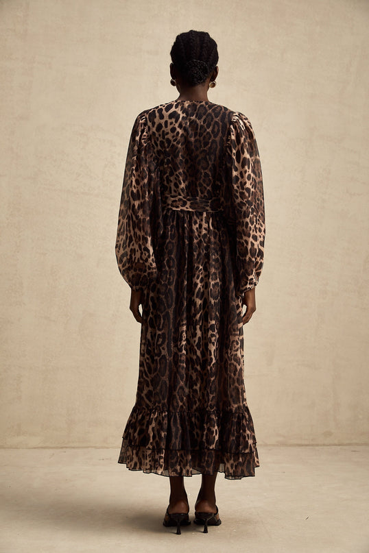 Michaela Brown Leopard Print Midi Dress with Long Puff Sleeves and Ruffled Detailing