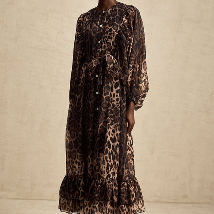 Michaela Brown Leopard Print Midi Dress with Long Puff Sleeves and Ruffled Detailing