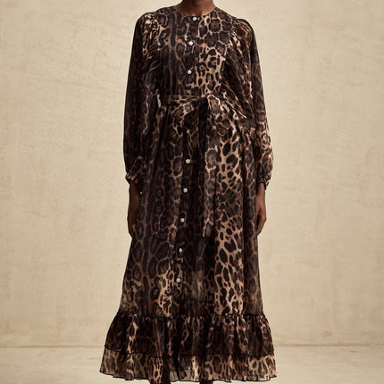 Michaela Brown Leopard Print Midi Dress with Long Puff Sleeves and Ruffled Detailing