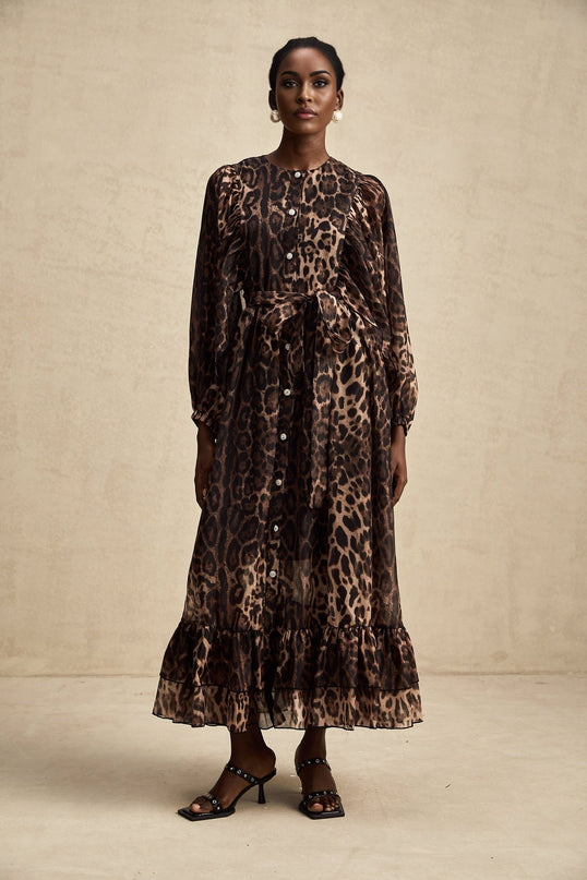 Michaela Brown Leopard Print Midi Dress with Long Puff Sleeves and Ruffled Detailing