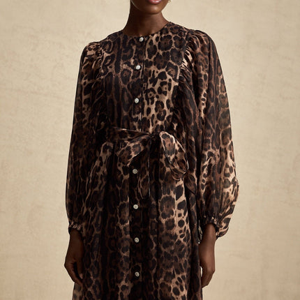 Michaela Brown Leopard Print Midi Dress with Long Puff Sleeves and Ruffled Detailing
