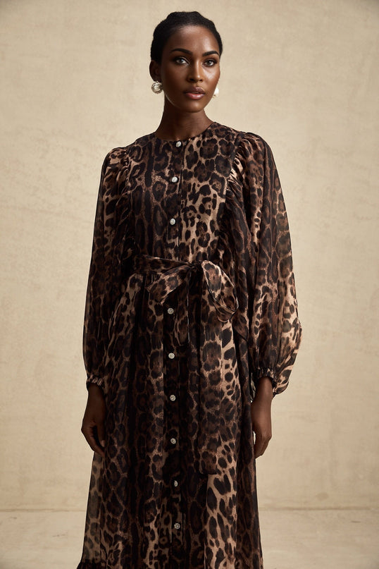 Michaela Brown Leopard Print Midi Dress with Long Puff Sleeves and Ruffled Detailing