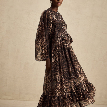 Michaela Brown Leopard Print Midi Dress with Long Puff Sleeves and Ruffled Detailing