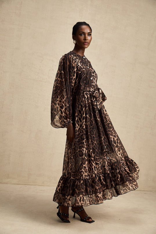 Michaela Brown Leopard Print Midi Dress with Long Puff Sleeves and Ruffled Detailing
