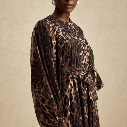 Michaela Brown Leopard Print Midi Dress with Long Puff Sleeves and Ruffled Detailing