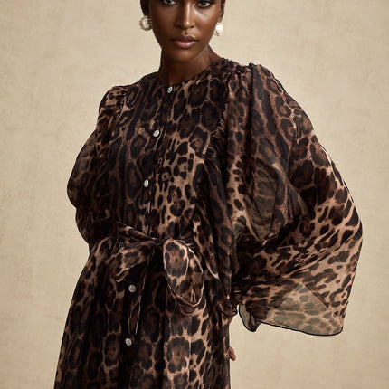 Michaela Brown Leopard Print Midi Dress with Long Puff Sleeves and Ruffled Detailing