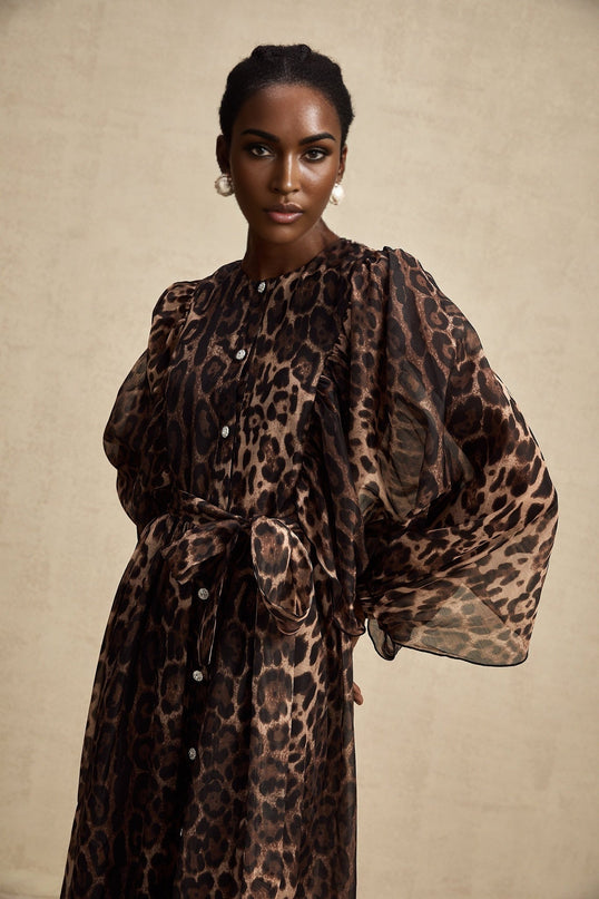 Michaela Brown Leopard Print Midi Dress with Long Puff Sleeves and Ruffled Detailing