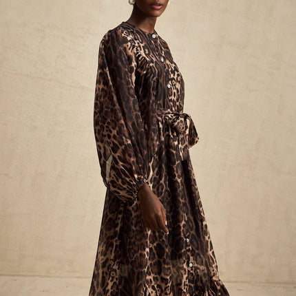 Michaela Brown Leopard Print Midi Dress with Long Puff Sleeves and Ruffled Detailing