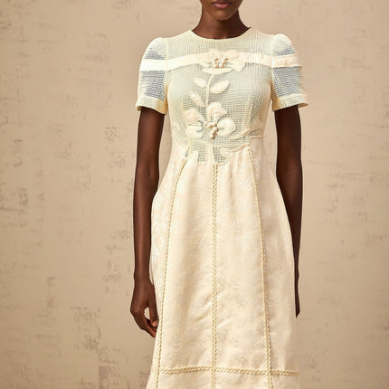 Michaela White Floral Embroidered Midi Dress with A-line Silhouette and Round Neck