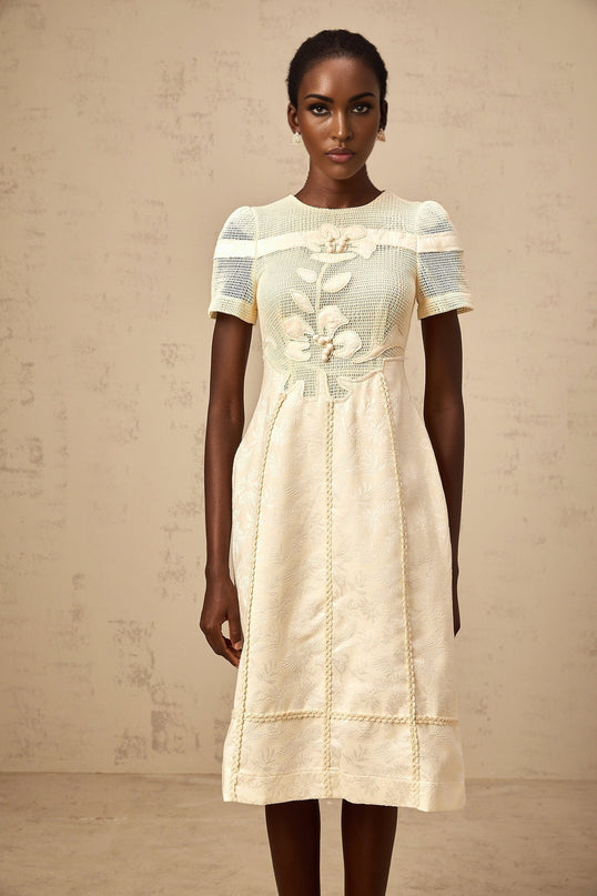 Michaela White Floral Embroidered Midi Dress with A-line Silhouette and Round Neck