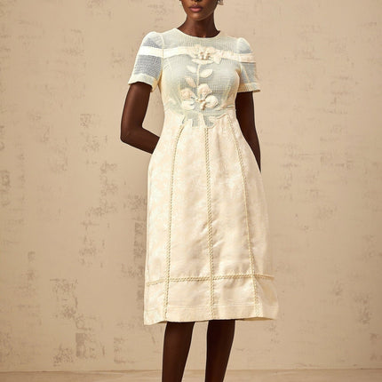 Michaela White Floral Embroidered Midi Dress with A-Line Silhouette and Short Sleeves