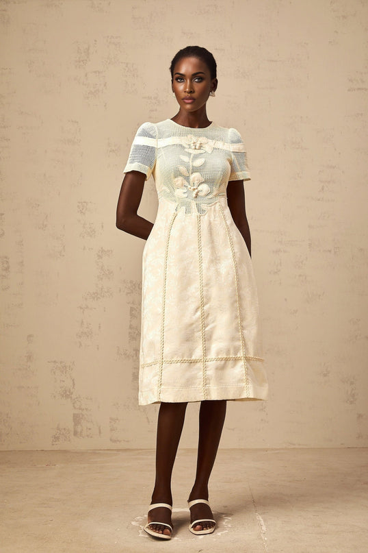 Michaela White Floral Embroidered Midi Dress with A-Line Silhouette and Short Sleeves