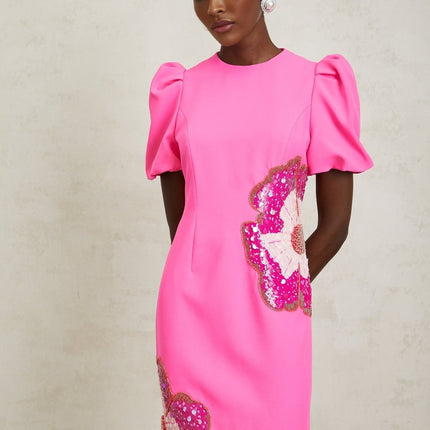 Michela Hot Pink Midi Dress with Flower Motifs and Bead Embellishments