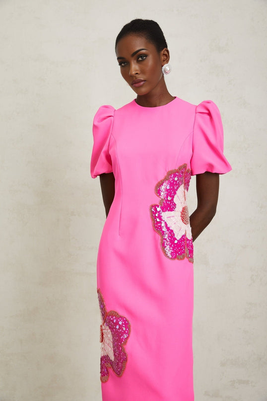Michela Hot Pink Midi Dress with Flower Motifs and Bead Embellishments