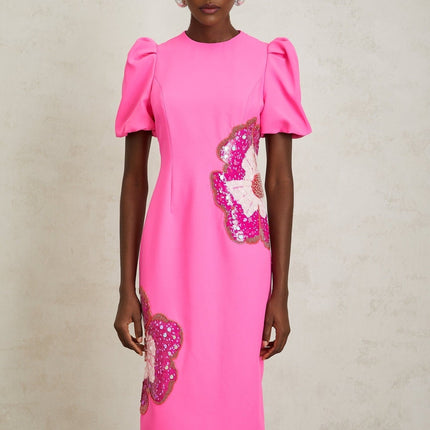 Michela Hot Pink Midi Dress with Sequin and Bead Embellishments