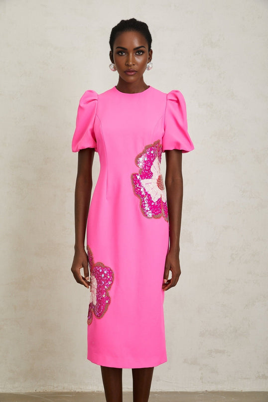 Michela Hot Pink Midi Dress with Sequin and Bead Embellishments
