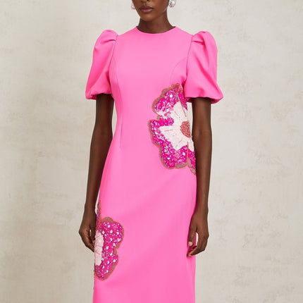 Michela Hot Pink Midi Dress with Flower Motifs and Bead Embellishments