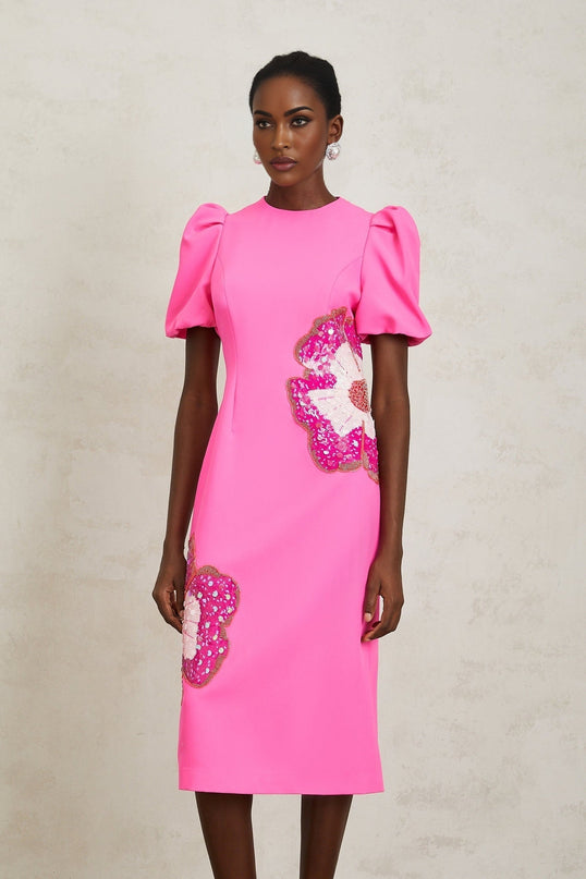 Michela Hot Pink Midi Dress with Flower Motifs and Bead Embellishments