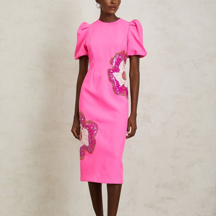 Michela Midi Dress Hot Pink Puff Sleeve Flower Sequin Bead Embellished Cinched Waist Rear Slit Zip Fastening Luxury Style