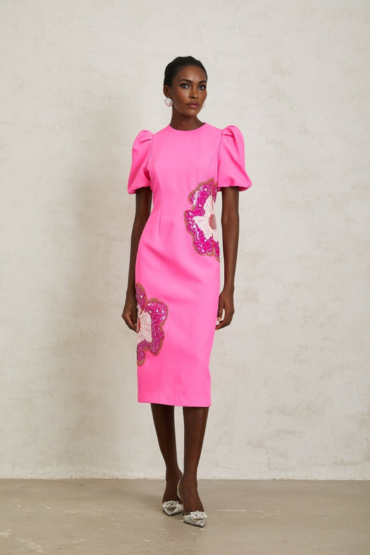 Michela Midi Dress Hot Pink Puff Sleeve Flower Sequin Bead Embellished Cinched Waist Rear Slit Zip Fastening Luxury Style