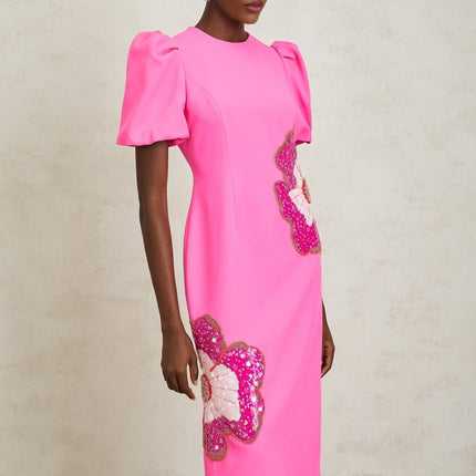 Michela Hot Pink Midi Dress with Flower Motifs and Bead Embellishments