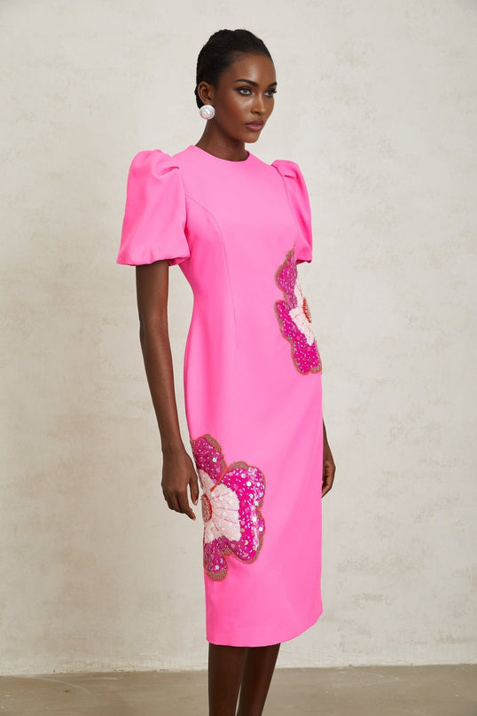 Michela Hot Pink Midi Dress with Flower Motifs and Bead Embellishments