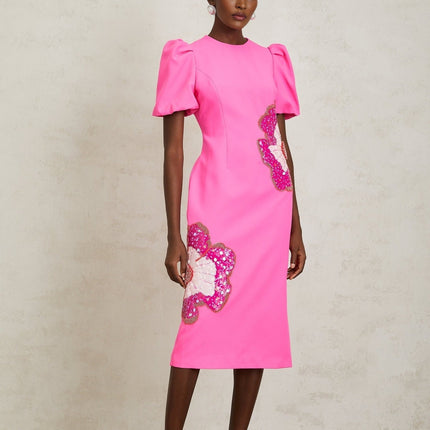 Michela Hot Pink Midi Dress with Flower Motifs and Bead Embellishments