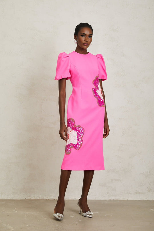Michela Hot Pink Midi Dress with Flower Motifs and Bead Embellishments