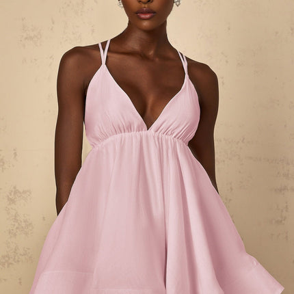 Michela Mini Dress in Pink with V-neck and asymmetrical flounce hem