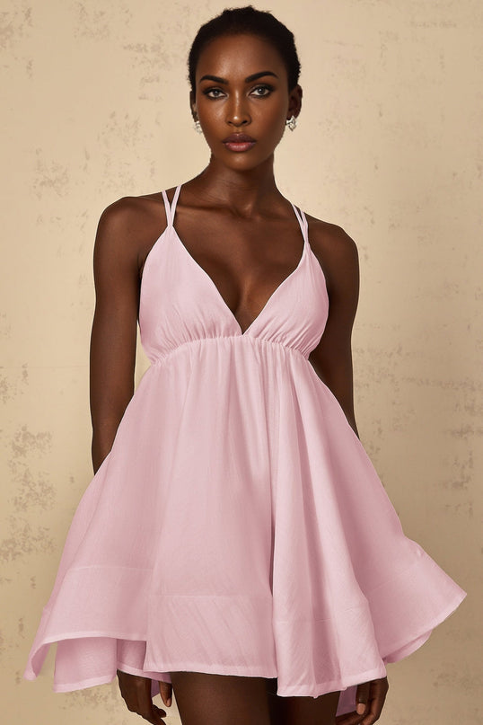 Michela Mini Dress in Pink with V-neck and asymmetrical flounce hem