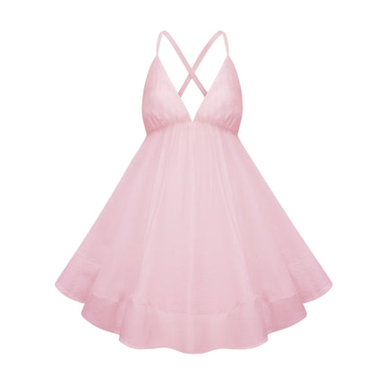 Michela Mini Dress in Pink sleeveless V-neck shirred effect asymmetrical flounce hem Tencel Terylene fiber high-low silhouette