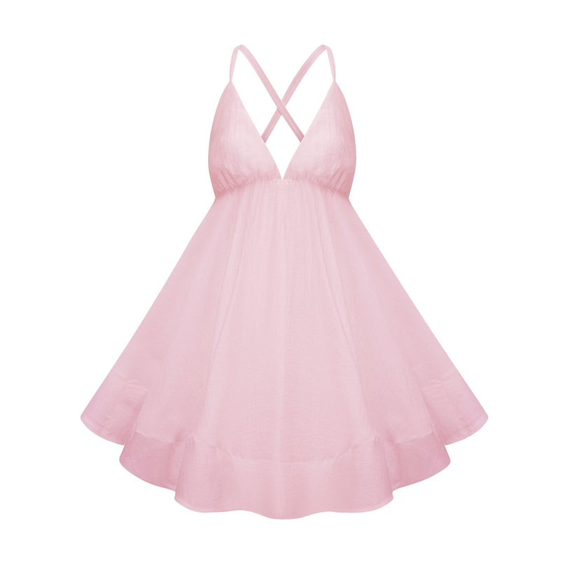 Michela Mini Dress in Pink sleeveless V-neck shirred effect asymmetrical flounce hem Tencel Terylene fiber high-low silhouette