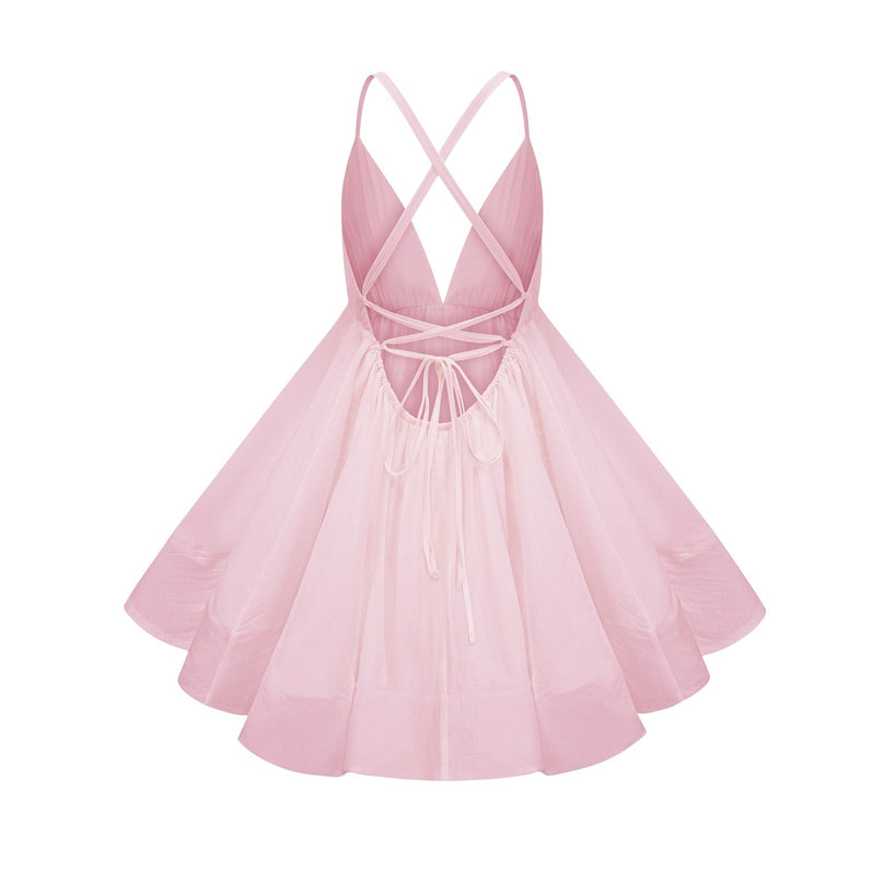 Michela Mini Dress in Pink elegant modern V-neck sleeveless shirred asymmetrical flounce hem slip-on Tencel Terylene fiber high-low silhouette upscale event