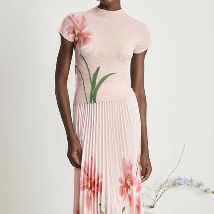 Michela Pink Floral Midi Dress crew neck short sleeves 100% Terylene fiber floral print design pleated detailing midi-length skirt luxury fashion day evening occasions