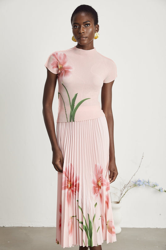 Michela Pink Floral Midi Dress crew neck short sleeves 100% Terylene fiber floral print design pleated detailing midi-length skirt luxury fashion day evening occasions