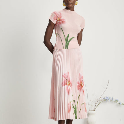 Michela Pink Floral Midi Dress crew neck short sleeves Terylene fiber floral print pleated detailing midi-length skirt luxury fashion day evening occasions