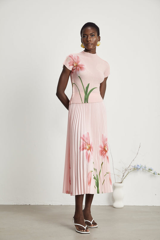 Michela Pink Floral Midi Dress crew neck short sleeves Terylene fiber floral print pleated detailing midi-length skirt luxury fashion day evening occasions