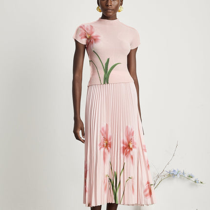 Michela Pink Floral Midi Dress with Crew Neck and Short Sleeves