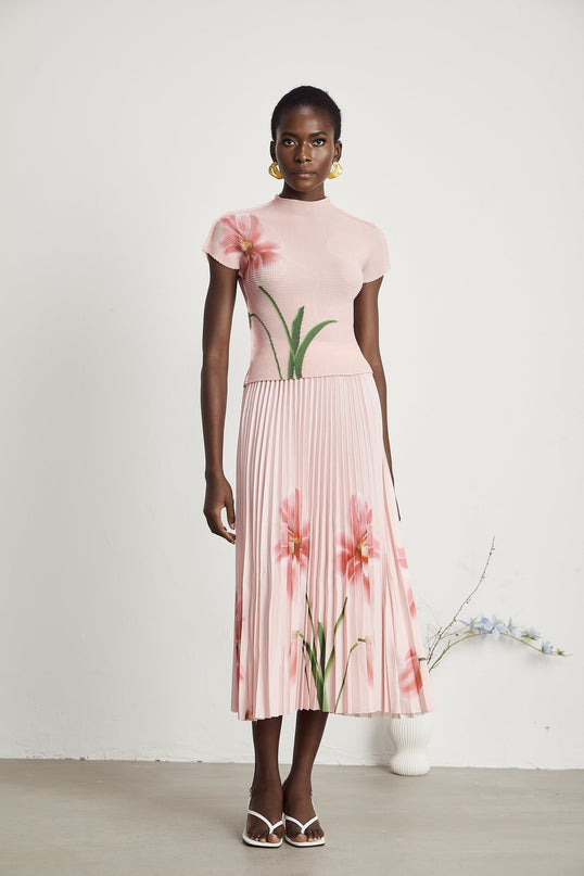 Michela Pink Floral Midi Dress with Crew Neck and Short Sleeves