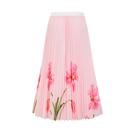 Michela Pink Floral Midi Dress crew neck short sleeves Terylene fiber floral print pleated detailing midi-length skirt luxury fashion