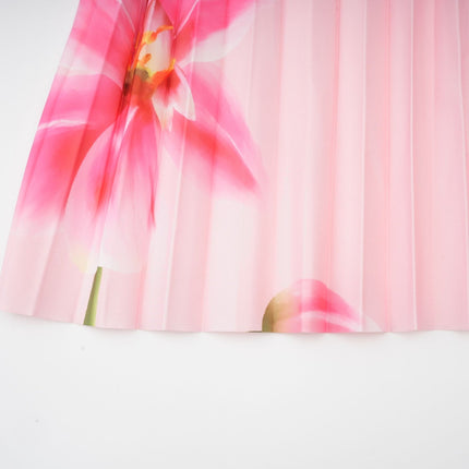 Michela Pink Floral Midi Dress crew neck short sleeves Terylene fiber floral print pleated detailing midi-length skirt luxury fashion day evening occasions