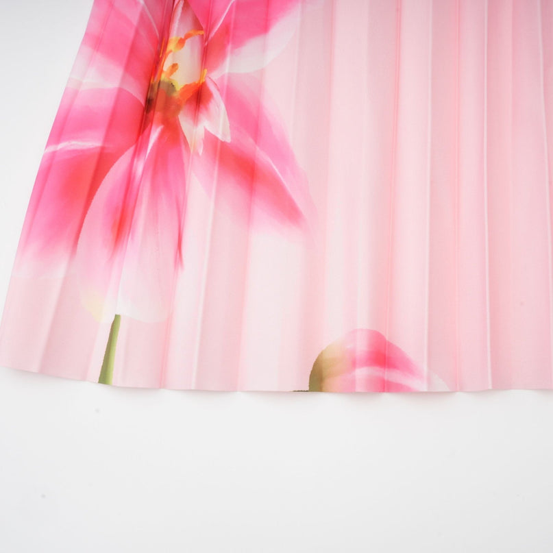 Michela Pink Floral Midi Dress crew neck short sleeves Terylene fiber floral print pleated detailing midi-length skirt luxury fashion day evening occasions