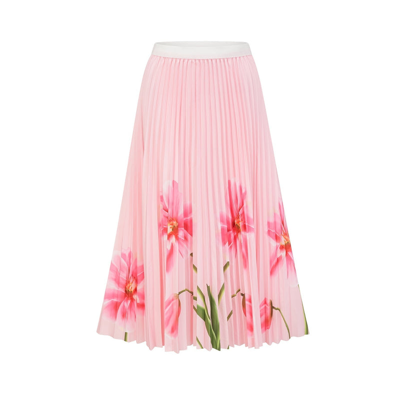 Michela Pink Floral Midi Dress with Crew Neck and Short Sleeves in Luxurious Terylene Fiber and Pleated Detailing