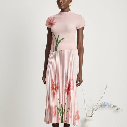Michela Pink Floral Midi Dress crew neck short sleeves Terylene fiber floral print pleated detailing midi-length skirt luxury fashion