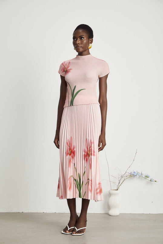 Michela Pink Floral Midi Dress crew neck short sleeves Terylene fiber floral print pleated detailing midi-length skirt luxury fashion